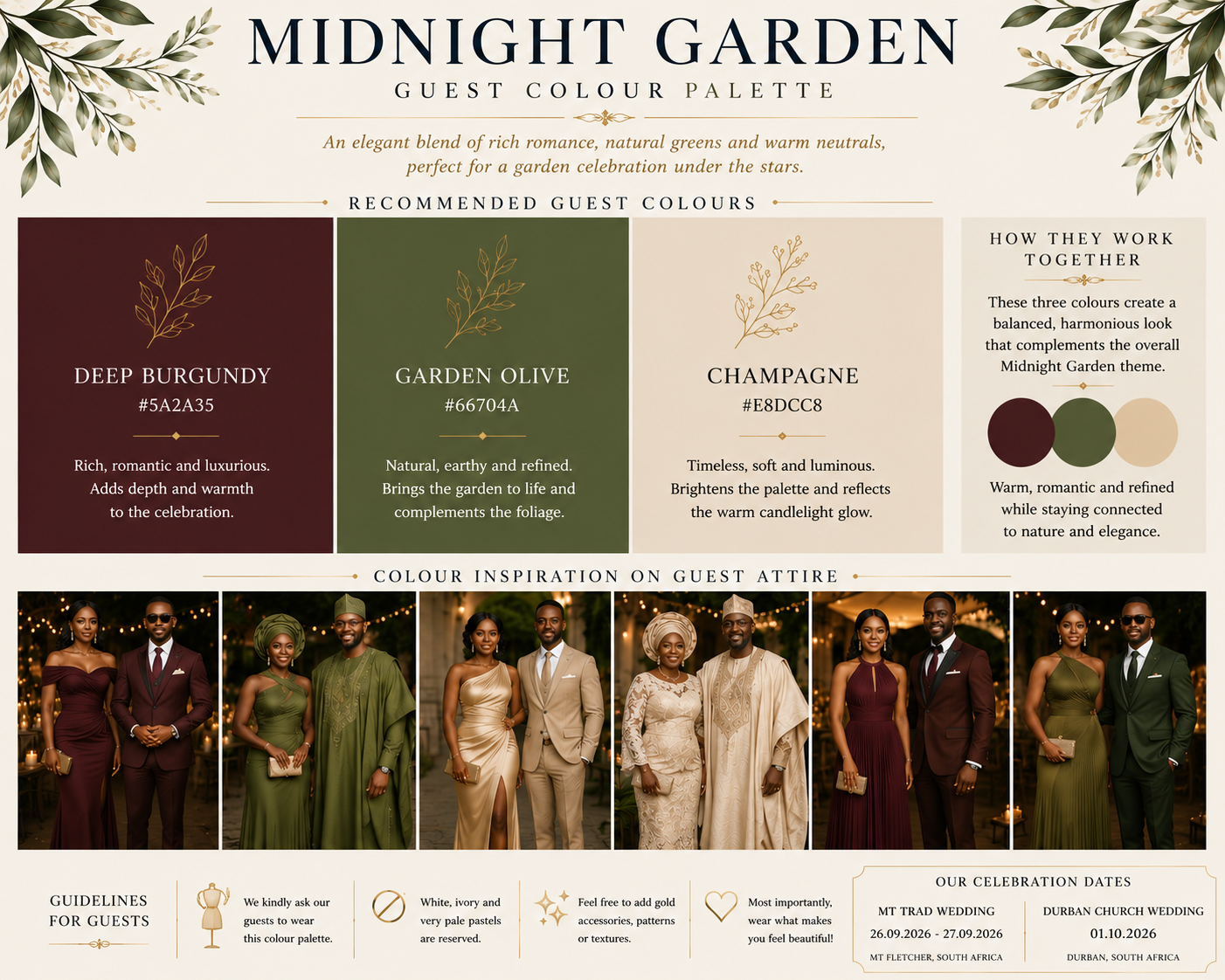 Midnight Garden guest colour palette for the Church Ceremony: deep burgundy, garden olive, and champagne