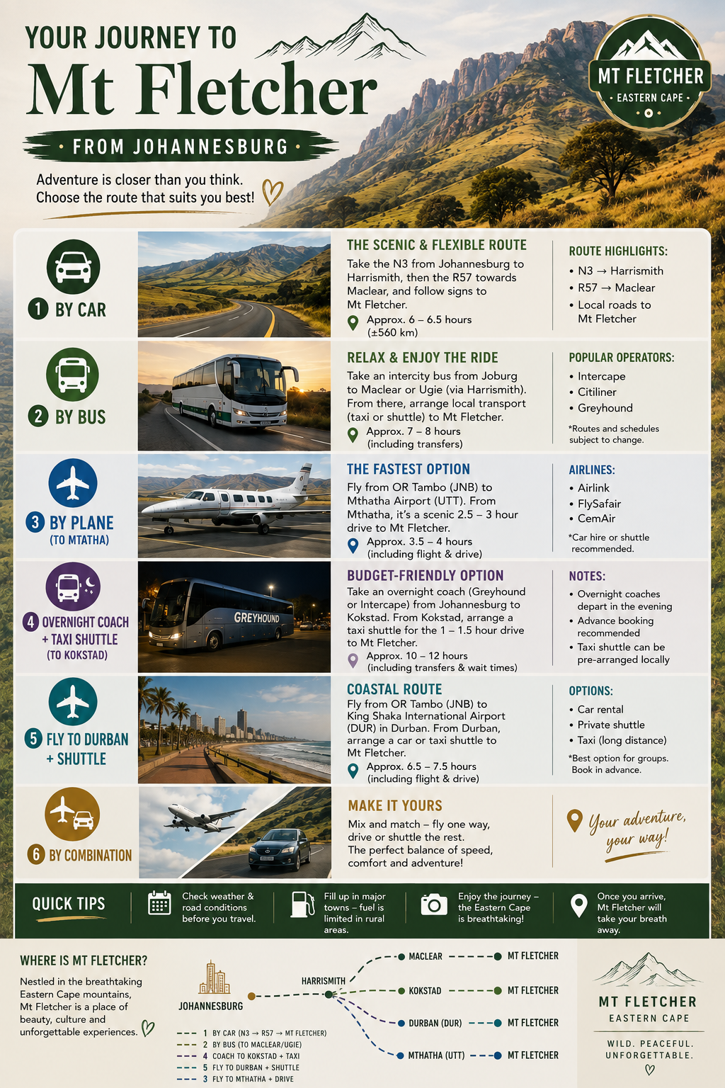 Your journey to Mt Fletcher from Johannesburg: six route options by car, bus, plane to Mthatha, overnight coach to Kokstad, flight to Durban plus shuttle, or a combination, with approximate travel times, operators, quick tips, and a route map